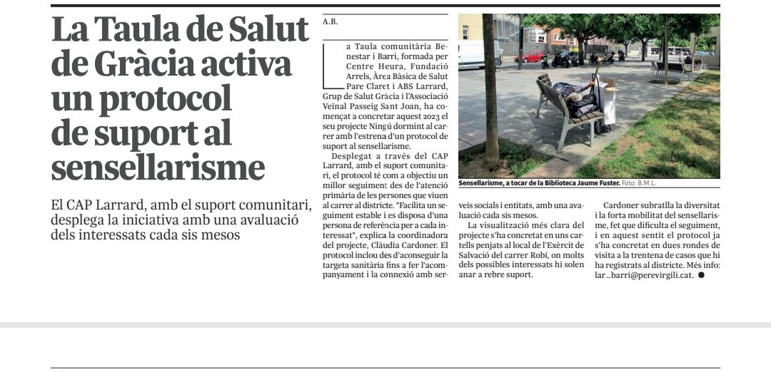 Des del projecte de la Taula Comunitaria Benestar i Barri 'Ningú dormint al carrer a Gràcia' s'impulsa una Atenció Primària preocupada per les persones més vulnerables
#ningudormintalcarrer #AtencionPrimaria