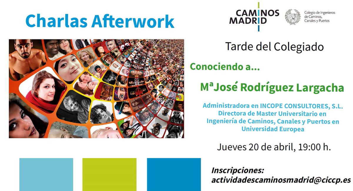 caminosmadrid's tweet photo. Llegan a la #TardedelColegiado de @caminosmadrid las #CharlasAfterwork 🤩
El jueves 20 de abril a las 19h. con nuestra vocal de Junta Rectora @mrodlar1970, experta en seguridad y prevención de riesgos laborales, entre otros temas. 
Te esperamos #PorSerColegiado 👌 https://t.co/NobBtpHpjx