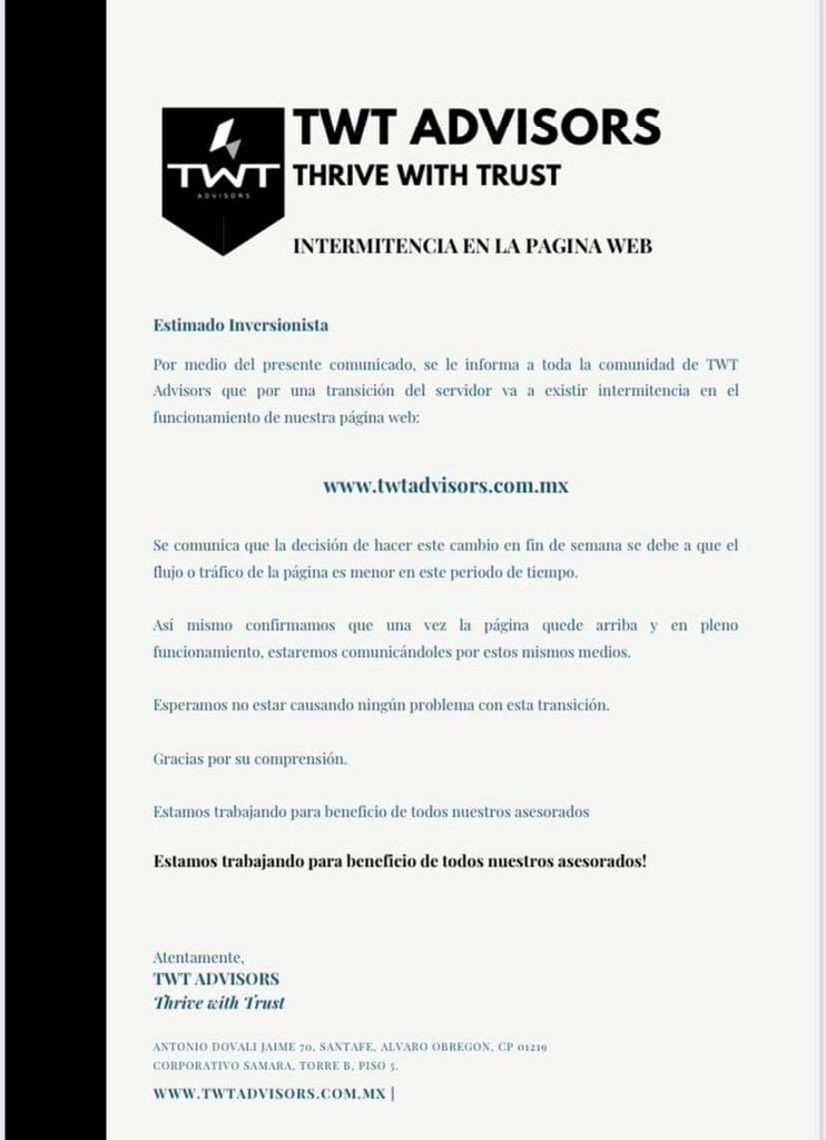 TWTAdvisors's tweet photo. Estamos en cambio de servidor con el fin de mejorar tu experiencia. 

TWT Advisors trabajando para ti

#SOYUNVISIONARIODELAHORA https://t.co/kNQirawn4m