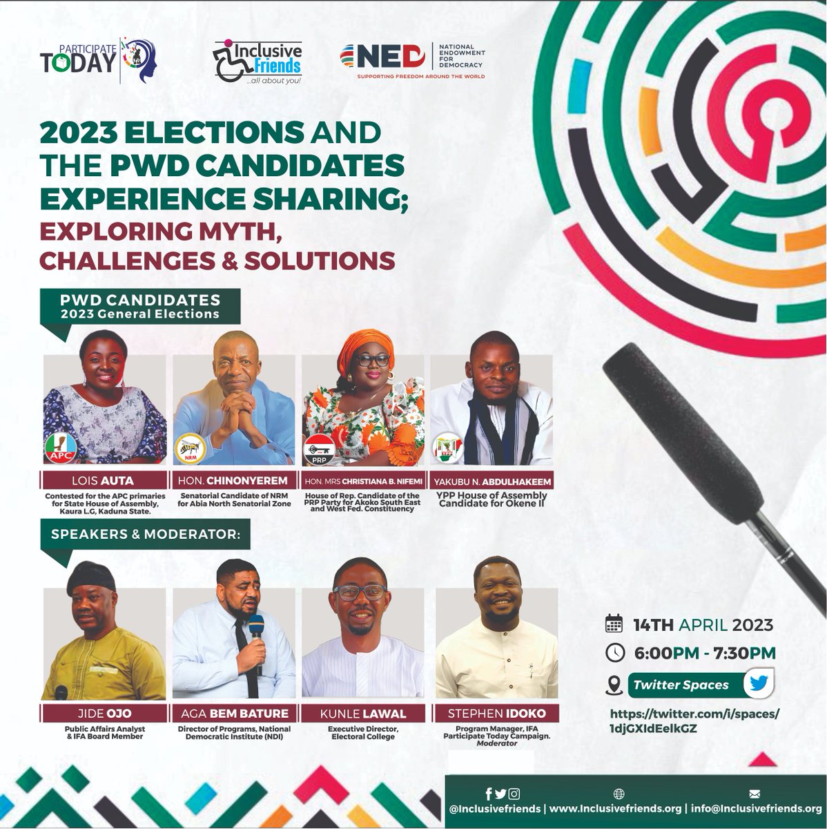 inclusivefrnds's tweet photo. We are counting minutes to the most fascinating political conversation in the space.
Tonight, we will demystify some erroneous and mythical conceptions about the political participation of PWDs in Nigeria.
Join the conversation at https://t.co/qMUXDLIGOK
#participatetoday
Hakimi https://t.co/fEPQYOukoh