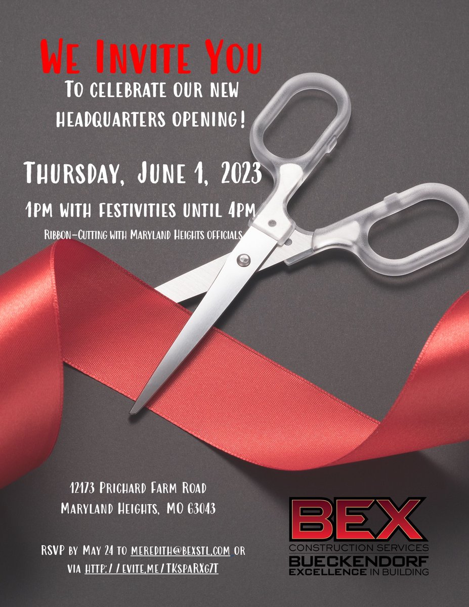 Please come out and support Bex Construction moving to their new location here in Maryland Heights, you won't want to miss this!
Please RSVP here evite.me/TKspaRXg7T or meredith@bexstl.com by May 24th!