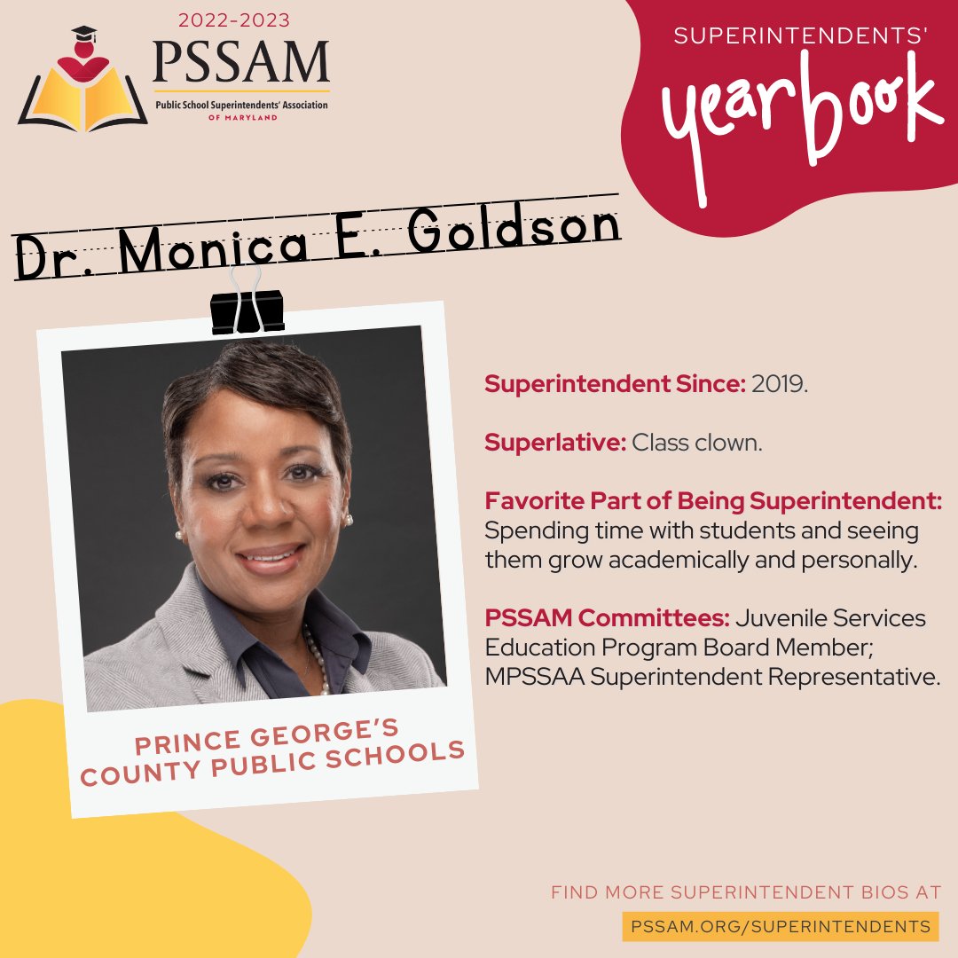 PSSAM_News's tweet photo. We're wrapping up a beautiful week by adding a page to our 2022-2023 Superintendents' Yearbook! ☀️🍎

Today, we're featuring @drmonicaceo, superintendent of @pgcps. We congratulate Dr. Goldson on her upcoming retirement and thank her for her contributions to our organization! https://t.co/8YzTZwYpRj