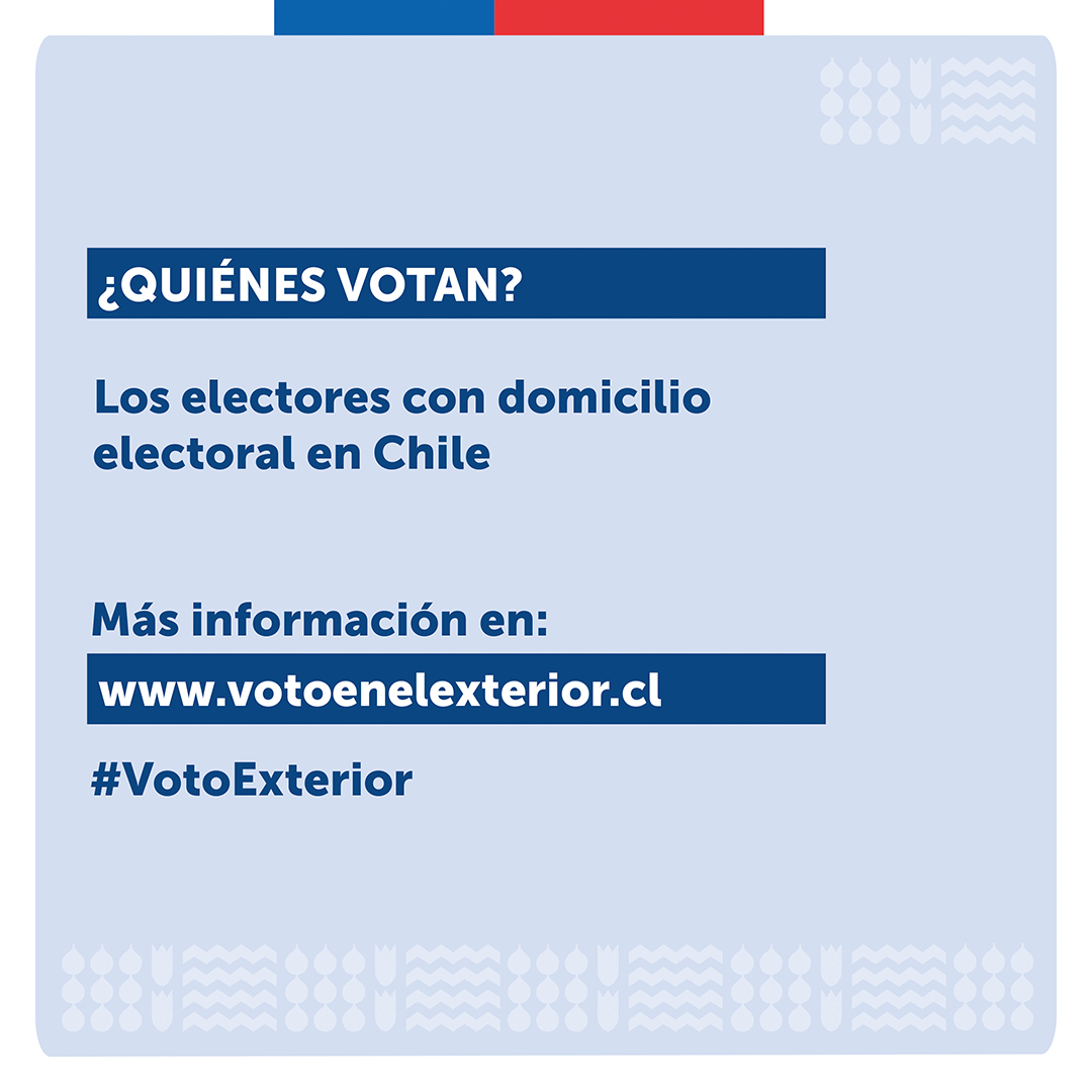 #VotoExterior 🗳️ |👀 ¿Sabías que en todas las elecciones el sufragio es obligatorio para quienes tengan domicilio electoral en Chile?

☑️Revisa tus datos electorales en consulta.servel.cl

➡️Más información en votoenelexterior.cl