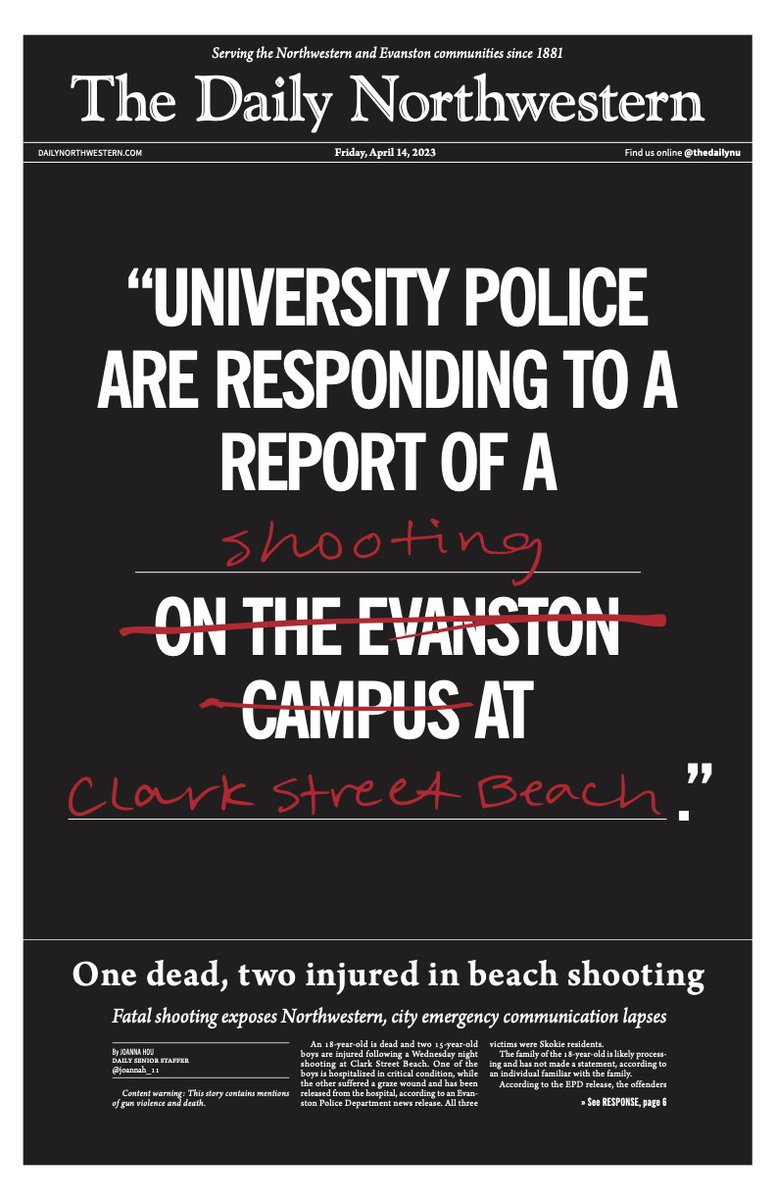 thedailynu's tweet photo. CW: gun violence, death

An 18-year-old is dead and two 15-year-old boys are injured following a Wednesday night shooting at Clark Street Beach. 

@thedailynu's Friday, April 14 issue contains the experiences of Evanston residents and NU students on that Wednesday night. https://t.co/JuGWcn2xed