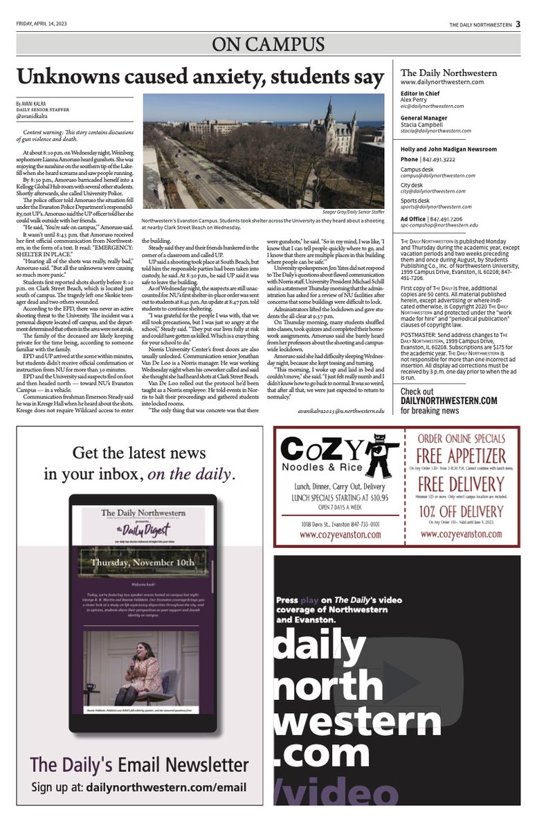 thedailynu's tweet photo. CW: gun violence, death

An 18-year-old is dead and two 15-year-old boys are injured following a Wednesday night shooting at Clark Street Beach. 

@thedailynu's Friday, April 14 issue contains the experiences of Evanston residents and NU students on that Wednesday night. https://t.co/JuGWcn2xed