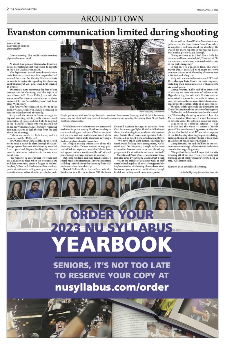 thedailynu's tweet photo. CW: gun violence, death

An 18-year-old is dead and two 15-year-old boys are injured following a Wednesday night shooting at Clark Street Beach. 

@thedailynu's Friday, April 14 issue contains the experiences of Evanston residents and NU students on that Wednesday night. https://t.co/JuGWcn2xed