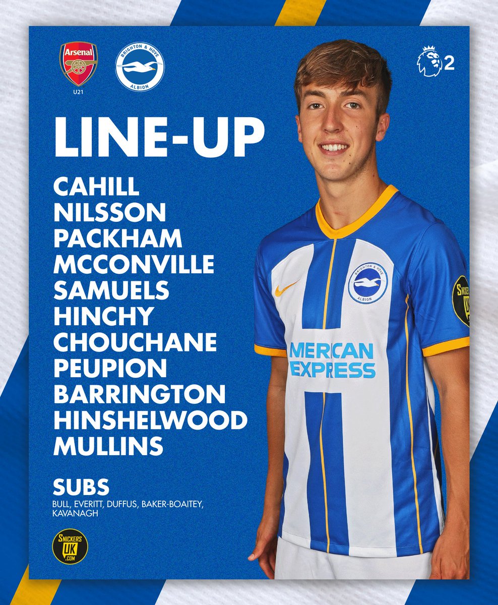 #PL2 action tonight! 🔜 Here's our team to take on Arsenal at 7pm. 📝 📲 snickersuk.com // #BHAFC 🔵⚪️