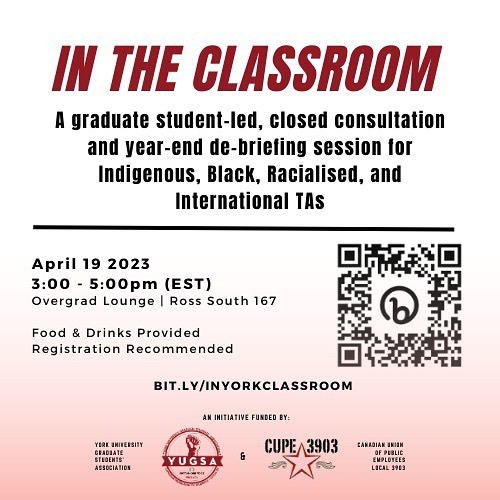 Are you an Indigenous, Black, racialised or international Teaching Assistant? 
 
Join us for In the Classroom, a graduate student-led, closed consultation and year-end de-briefing session for Indigenous, Black, racialised, and international TAs. 
 
In th… instagr.am/p/CrBb61ONmHa/