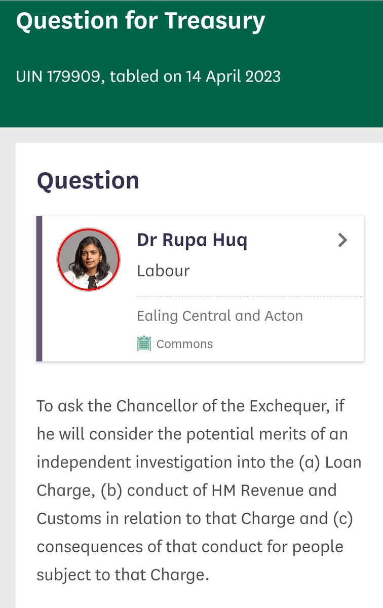 A truly independent investigation into #LoanCharge desperately needed, thank you for raising @RupaHuq.

HMRC's conduct over whole #LoanChargeScandal shameful and contributed to 10 #LoanChargeSuicides.

questions-statements.parliament.uk/written-questi…  #STOPtheLoanCharge #HRMCHum…