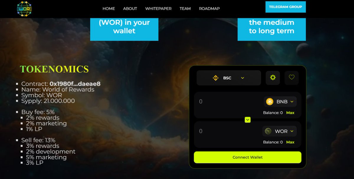 WorldofReward's tweet photo. World of Rewards has integrated #VoltiChange by @VoltInuOfficial on https://t.co/oJlsUVdJRJ ⚡️

Buy and BURN $WOR tokens with every transaction! 🔥

#VOLTARMY, shall we buy $VOLT to reward our holders? Let us know on Telegram: https://t.co/wKgTmKYZeM

#VOLTINU #WOR #BNB #BNBChain https://t.co/xgL6ggjsca