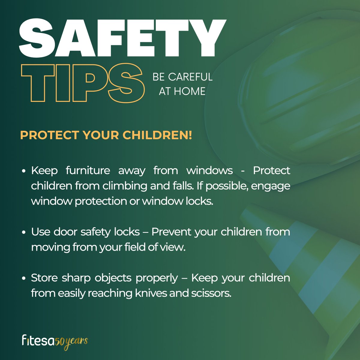 To celebrate Fitesa’s Safety Month, every Friday, we will share an important tip to keep you SAFE AT HOME.

This week, let’s learn how to protect your children at home. Always be careful both at work and at home!

#Fitesa #FitesaNonwovens #WorkEasierLifeBetter #FitesaSafetyMonth