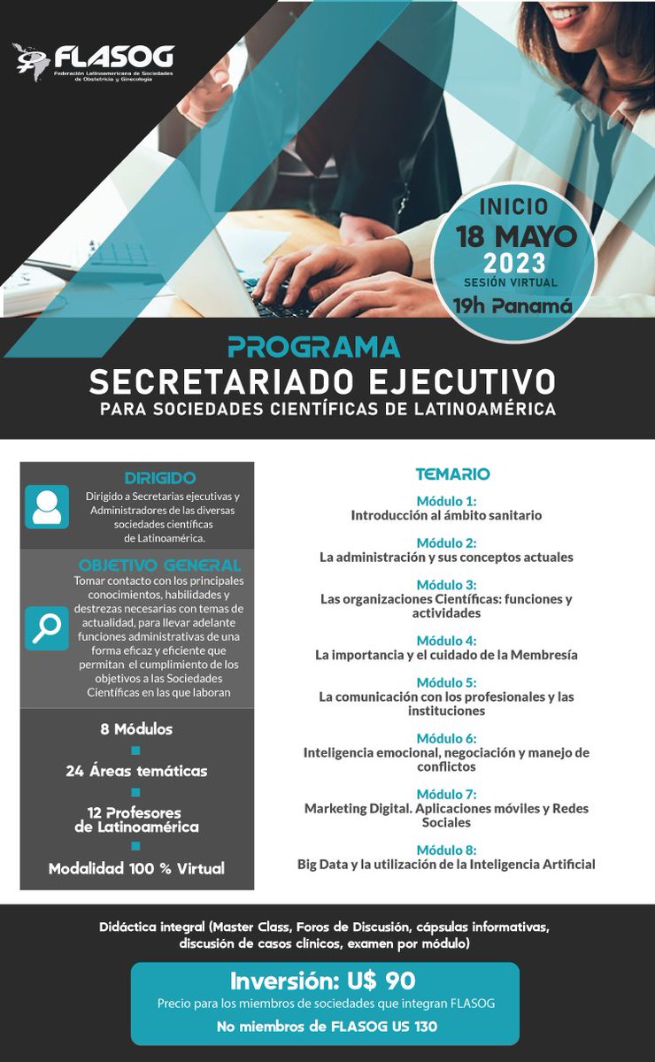 Inscríbete a la 1ra edición: Secretariado Ejecutivo para sociedades científicas de Latinoamérica. Iniciamos el 18 de mayo a las 19 hrs Panamá. Ingresa al link: 👉 bit.ly/3muexIG 👈