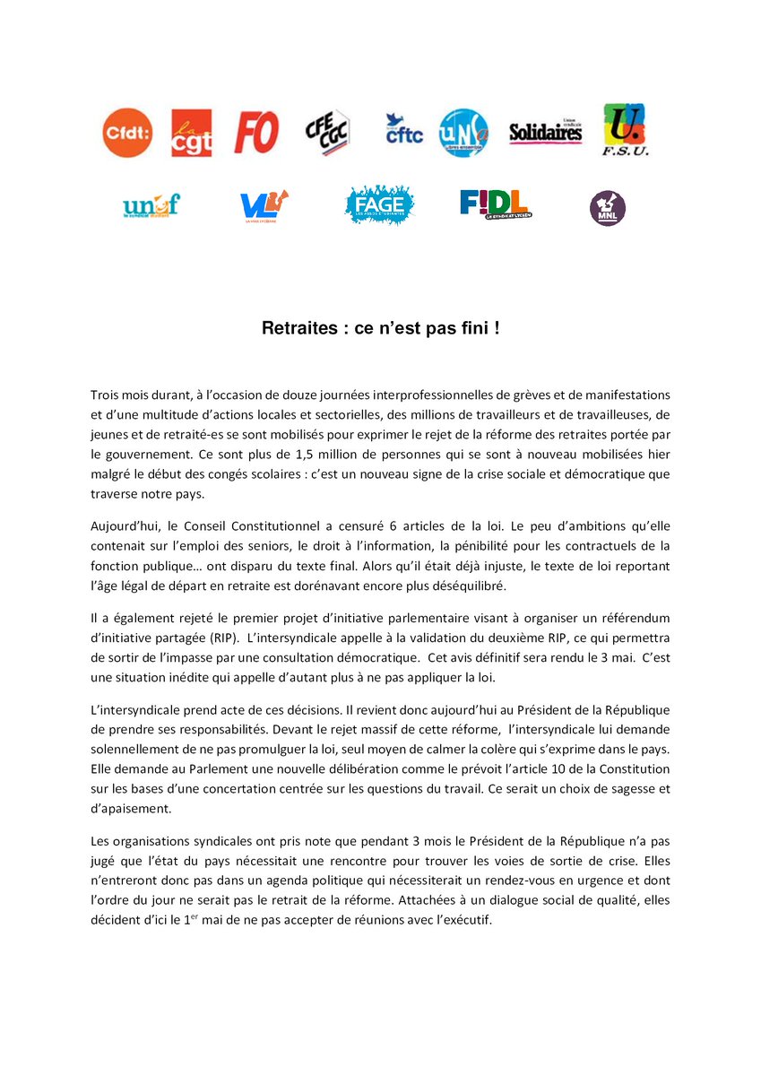 ChabanierCFTC's tweet photo. Réaction de l'intersyndicale à la décision du Conseil Constitutionnel https://t.co/gVOeLQ5kgD