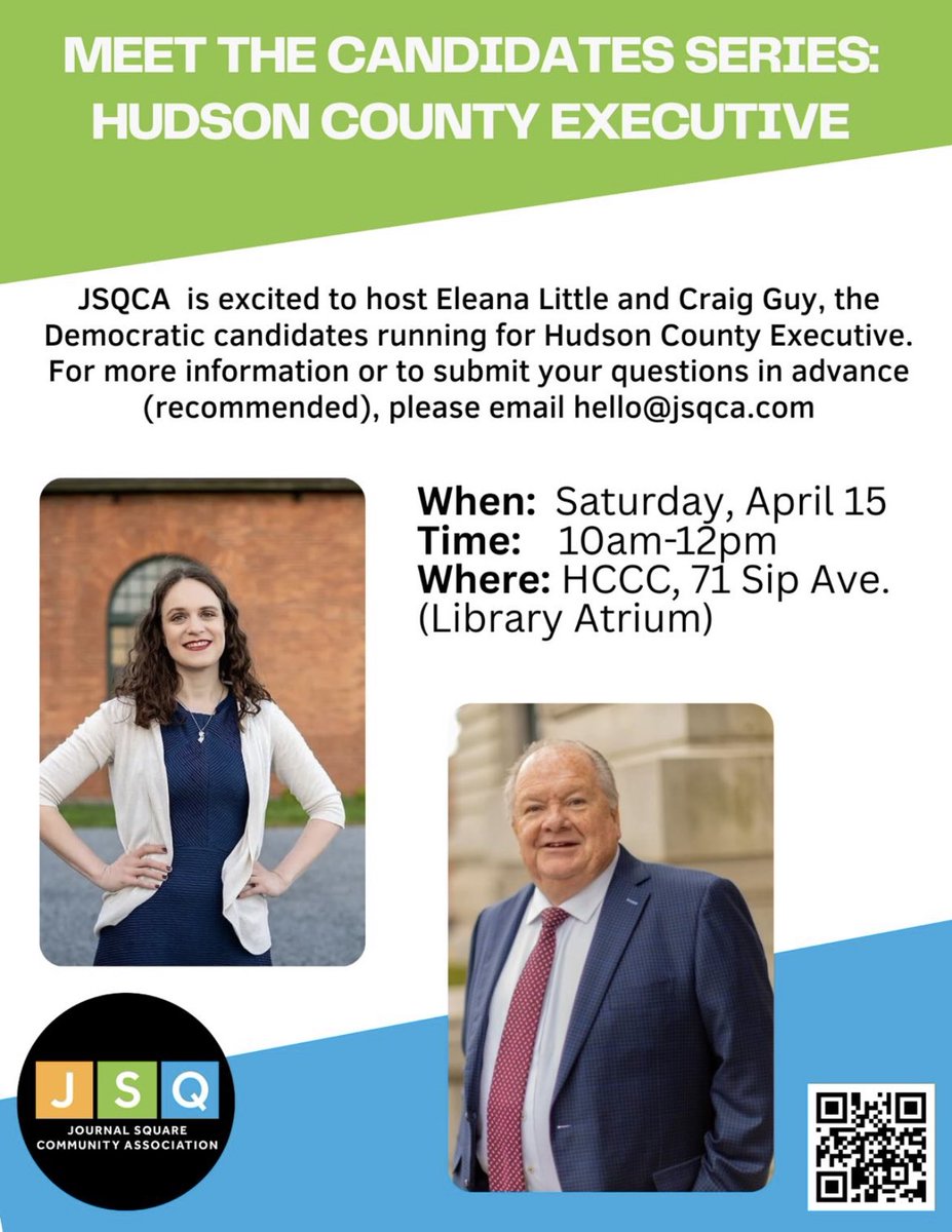 Reminder that tomorrow is our candidate forum with Hudson County Exec candidates @CraigGuy2023 &amp; <a href="/EleanaLittle/">Eleana Little for Jersey City</a>. Come ready with questions or submit in advance to hello@jsqca.com. Meeting will be live-streamed on Facebook <a href="/JSQCA/">Journal Square Community Association</a>