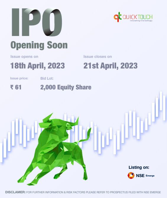 Brijesh Chandravanshi (@bkchandravanshi) on Twitter photo The wait is finally over...!!
<a href="/quicktouchtech/">Quicktouch Technologies Limited</a> IPO is Here...ЁЯЪАЁЯЪА
Opens on: 18 April 2023
Closes on: 21 April 2023
Biggest opportunity for Investors ЁЯТРЁЯЩП
.
.
#ipo #nse #ipolisting #iponews The wait is finally over...!!
<a href="/quicktouchtech/">Quicktouch Technologies Limited</a> IPO is Here...ЁЯЪАЁЯЪА
Opens on: 18 April 2023
Closes on: 21 April 2023
Biggest opportunity for Investors ЁЯТРЁЯЩП
.
.
#ipo #nse #ipolisting #iponews