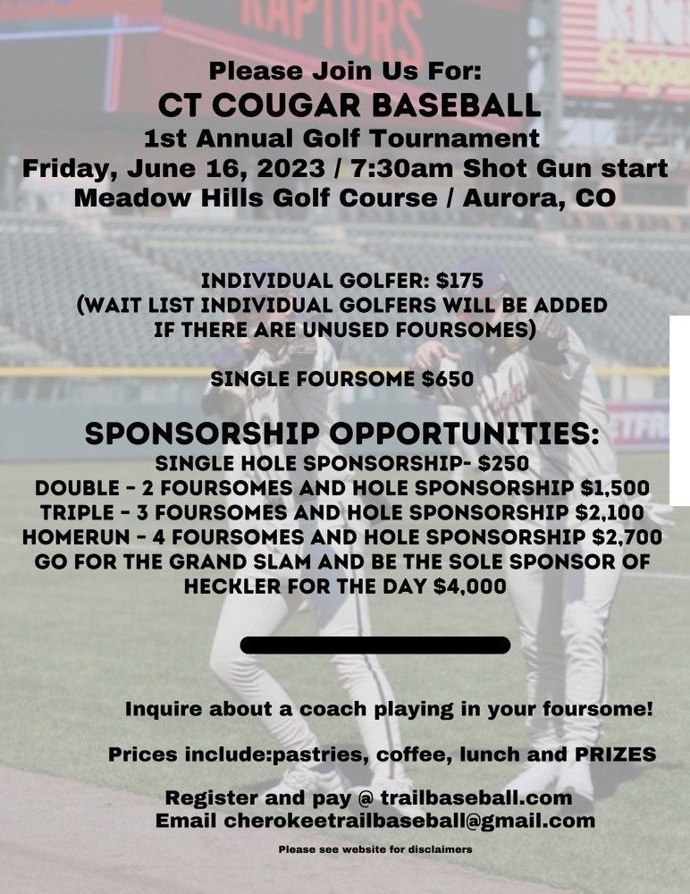 Please join CT baseball for our 1st annual golf tournament fundraiser! To reserve your foursome please visit trailbaseball.com <a href="/CTHSAthletics/">CTHS Athletics</a>