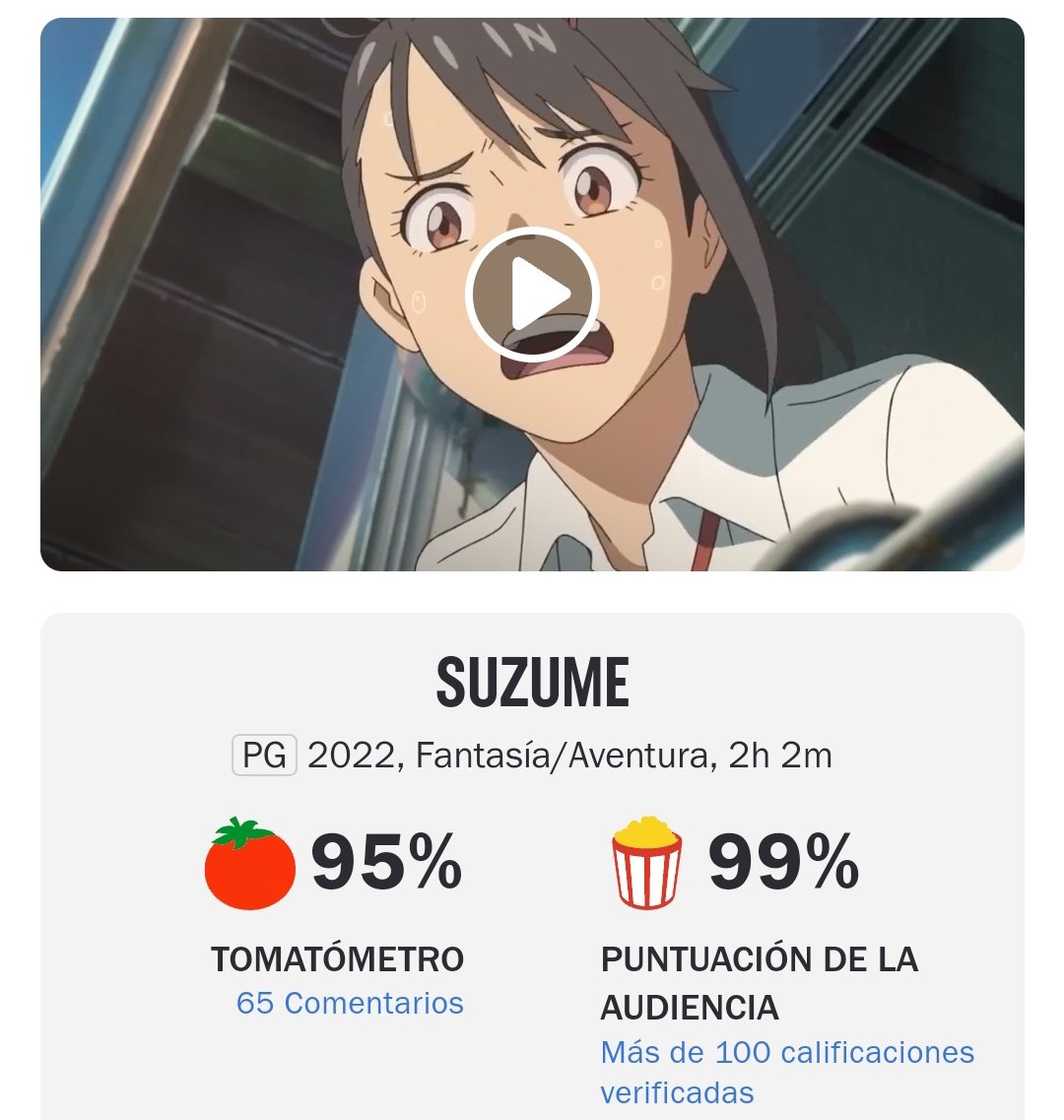 AnimetrendsLA's tweet photo. SUZUME de Makoto Shinkai, obtiene
un 95% de aprobación por parte de la
"critica" y un 99% de aprobación por
parte del público, en Rotten Tomatoes. 🍅

#SuzumenoTojimari https://t.co/CUr3RWyi5w