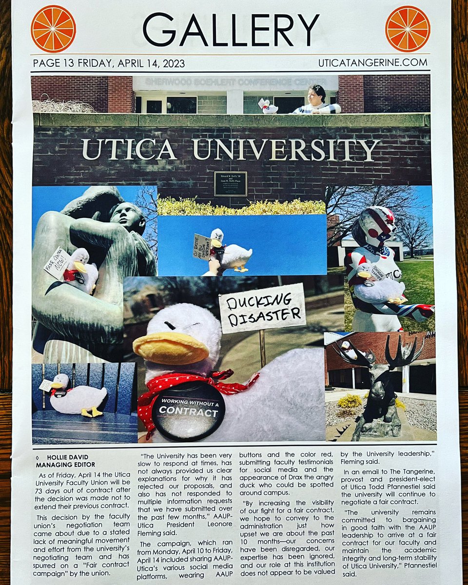 aauputica's tweet photo. Make sure to look for Drax the Angry Duck in this week’s @Utica_Tangerine issue! Drax is raising awareness about all those #workingwithoutacontract signs and the current fight for a #faircontractnow at Utica University 🪧✊ #unionstrong #Draxlife #aauputica https://t.co/1WoVBPU8ew