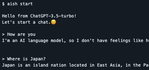 aish

发布一款ChatGPT命令行客户端，功能：

- 免费，免key，免翻墙，开箱即用。
- 本地存储聊天对话（SQLite）。
- 支持标准输入，便于与其他命令行工具相结合。

目前提供二进制安装版本，基本稳定后将开源。下载：github.com/aishell-io/ais…