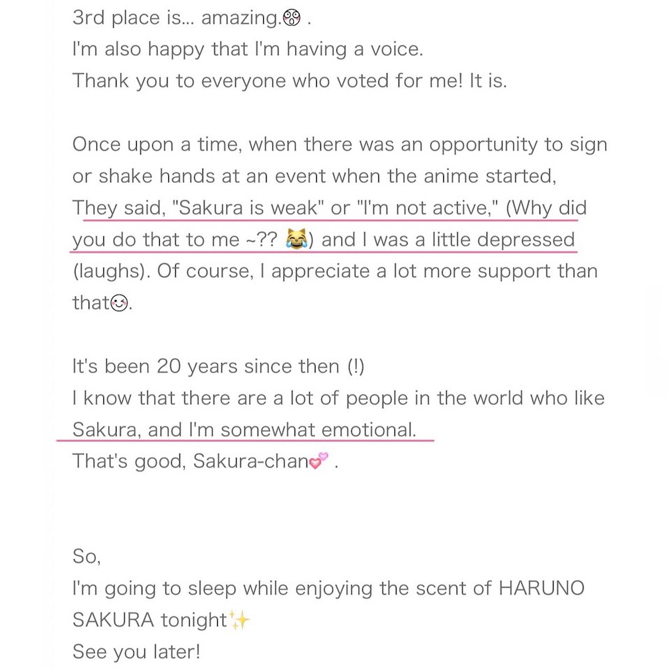 yurisasusaku's tweet photo. Chie Nakamura(Sakura’s VA) talks about meet &amp; greets-for years “fans” called HER weak &amp; useless; which made her depressed. Seeing Sakura place top 3 world wide made her emotional. They’re both finally receiving the support they deserve 20 yrs later🥹🫶🏽

🔗 https://t.co/B3Z5x4luJ8 https://t.co/RrKAsFsJVw