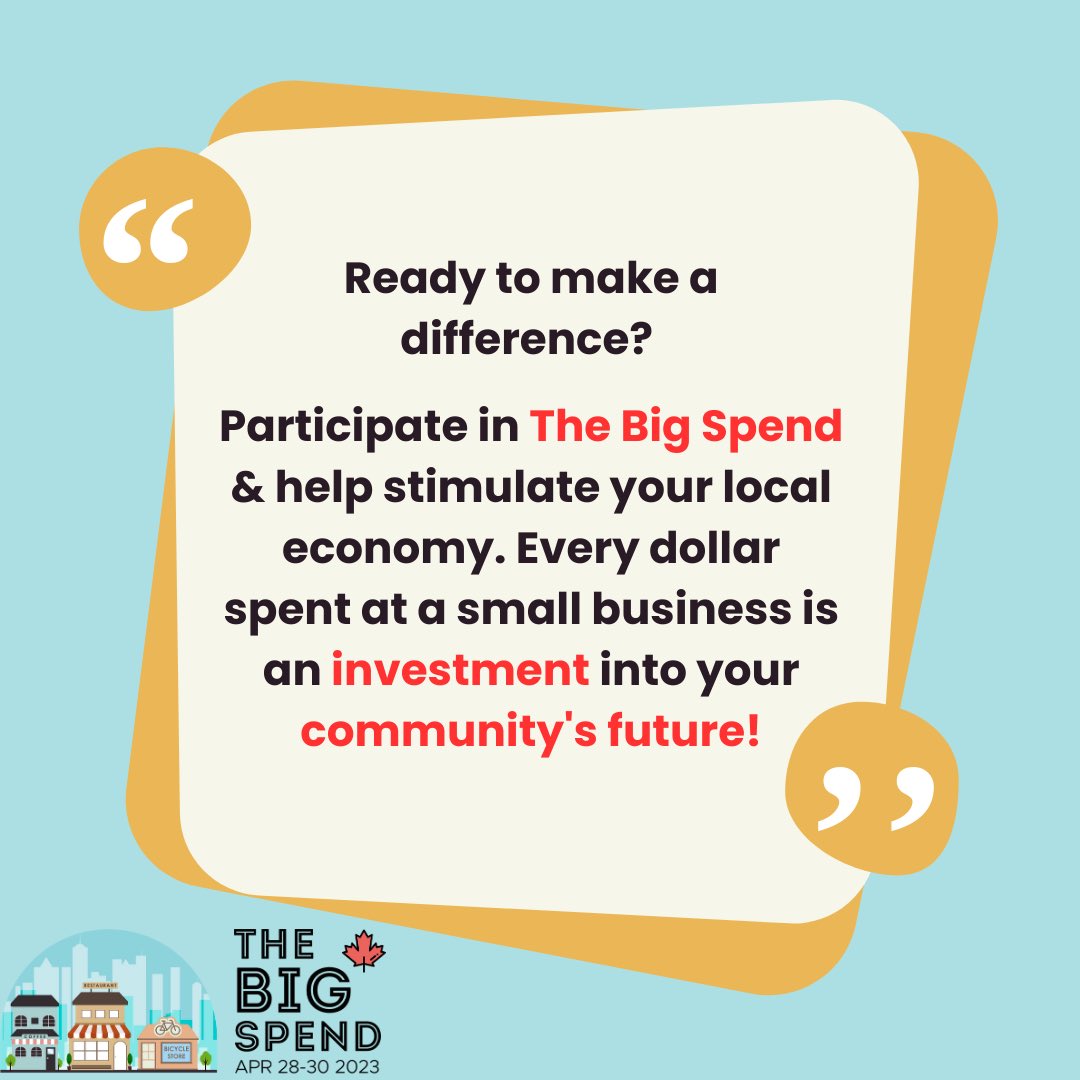TheBigSpend's tweet photo. Mark your calendars! 📅

On April 28-30, let's make a powerful statement and support our local small businesses! 🌟

Every intentional purchase we make can lead to a huge impact on the Canadian economy. 💪

Let's do this together! ❤️

#ShopLocal #SupportSmallBusiness #shopsmall https://t.co/wFBvWZcHZZ