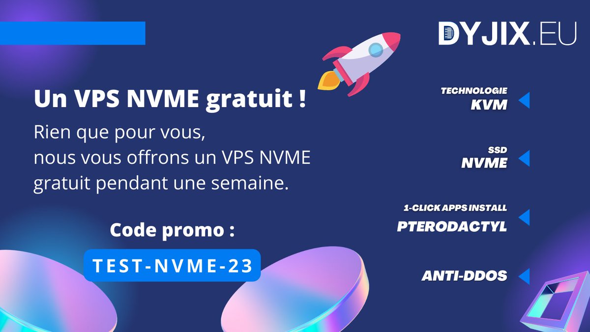 🚀Pour fêter nos nouvelles offres KVM NVME, on a décidé de vous offrir un VPS gratuit, que vous soyez client, ou non ! 

👉 3.6 Ghz  🖥
👉 NVME 💾
👉 1Gb/s🌐
📍Paris🇫🇷

Pour en profiter, cliquez sur le lien et rentrez le code promo à la commande⚡

▶️dyjix.eu/panel/store/vp…