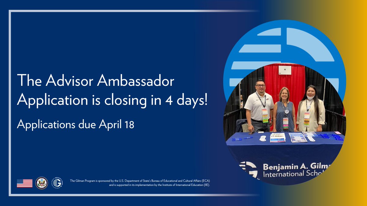 Gilman Program (@gilmanprogram) on Twitter photo The Advisor Ambassador Application is due in four days! #ExchangeOurWorld <a href="/ECAatState/">Educational & Cultural Affairs—U.S. Dept. of State</a>
APPLY: fal.cn/3xpGE The Advisor Ambassador Application is due in four days! #ExchangeOurWorld <a href="/ECAatState/">Educational & Cultural Affairs—U.S. Dept. of State</a>
APPLY: fal.cn/3xpGE