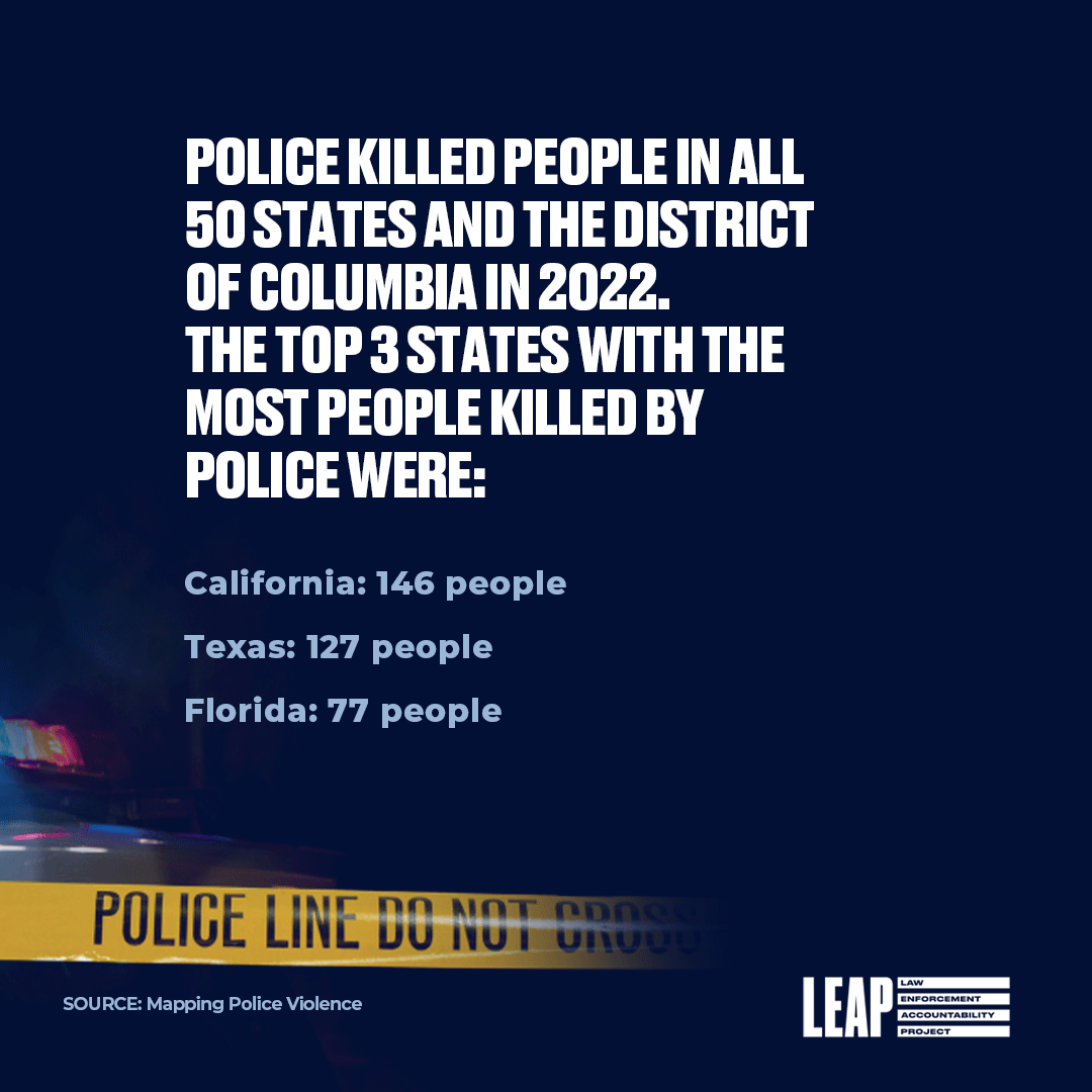 LeapAction's tweet photo. In 2022, U.S. police killed more people than any year.

Justice, peace, &amp; healing are not possible without police accountability. 

We cannot stay silent &amp; accept this as the norm. It's time to hold law enforcement accountable for their actions &amp; demand change. #LEAPaction https://t.co/ko8NW5OGe0