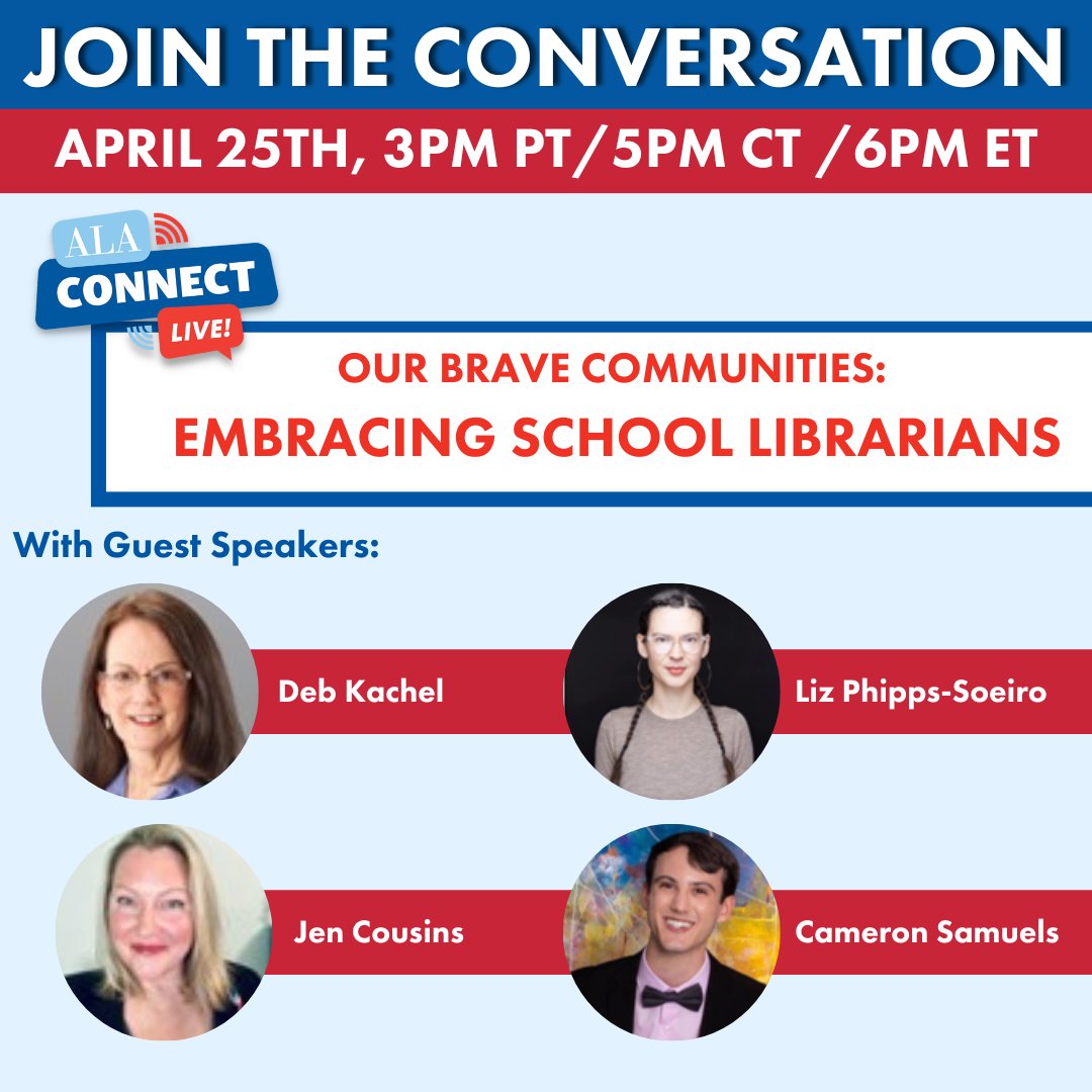 aasl's tweet photo. Join ALA President @Lessa4Libraries &amp; @AASLpresident Kathy Lester for Our Brave Communities: Embracing School Librarians on April 25 @ 5pm CT. Discover how the library community can support SLs facing book challenges, censorship attempts, &amp; access issues. https://t.co/FqSyqzBrkZ https://t.co/RVlREVCdaV