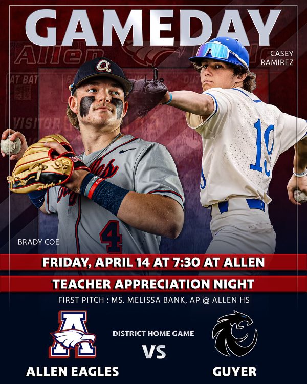 alleneagleshrc's tweet image. GAMEDAY!  
ALLEN 🦅 vs. DENTON GUYER
⏰ JV 4:30
🍎Teacher Appreciation 7:00
⏰ Varsity 7:30
🏟️ Allen HS Baseball Fields 
🎟️ CASH ONLY $5/adult $2/student 
💻 Sportsgram.net
📸 @bigedmachine1
Bring yourself and bring a friend!  #catchagame
