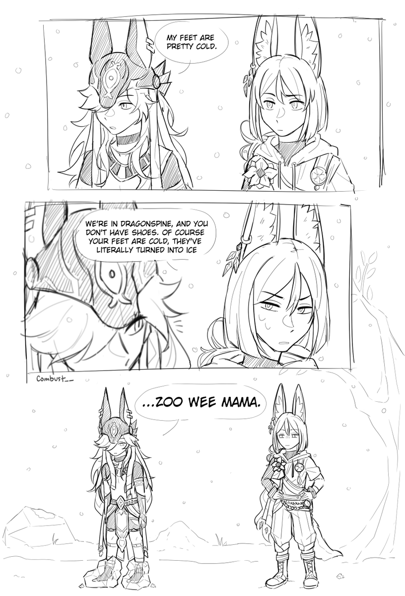 combust__'s tweet photo. Since @ZacharyGordon is Tighnari's new va, I made this dumb comic as a gift in behalf of the genshin community 

#GenshinImpact #Tighnari #Cyno https://t.co/SQkBCPLosv
