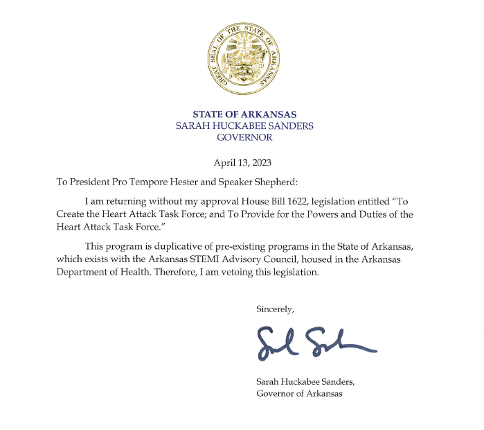 andrewcollinsAR's tweet image. When ideology trumps outcomes. Arkansas is top 5 in heart attack mortality. My bill took an approach that is proven to work. Price tag of zero. And no duplication. But apparently "task force" sounds like government, and that's enough to veto something that could help save lives.