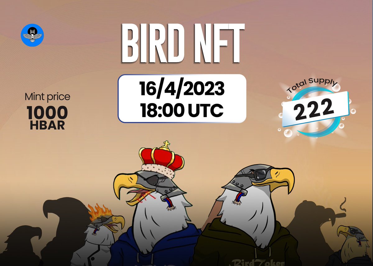 Our $BirdToken NFTs will be back up on Hedera sentient launchpad on 16/04/23 at 18:00 UTC.
Mint price update: 1000 Hbar
Supply update: 222 (max)
The new NFT is unique 1/1 🔥
#hederahashgraph 
$HBAR #HBAR #HederaDeFi #HBARDeFi #Hedera #HBARbarians #HBARNFT