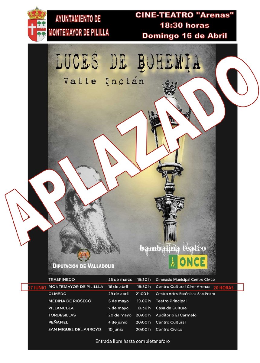 ayto_monte's tweet photo. ***APLAZADO TEATRO DE ESTE DOMINGO ***
Por motivos de fuerza mayor de la Compañía debemos APLAZAR la actuación  prevista para este Domingo.

El Ayuntamiento de Montemayor de Pililla y la Diputación de Valladolid, invitan a tod@s los vecin(...)
+info: https://t.co/SrHb5hGkb3 https://t.co/9fJ1bf48Yg