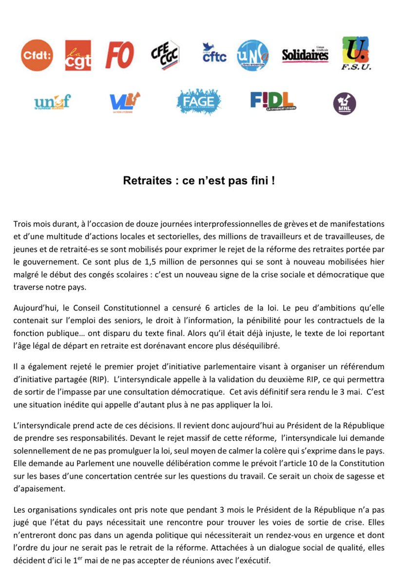 CFDT's tweet photo. || COMMUNIQUE DE PRESSE COMMUN || #retraites L’intersyndicale prend acte des décisions du conseil constitutionnel  et demande solennellement au Président de la République de ne pas promulguer la loi

https://t.co/BDQ61X3yrt https://t.co/tatFwuRxIu