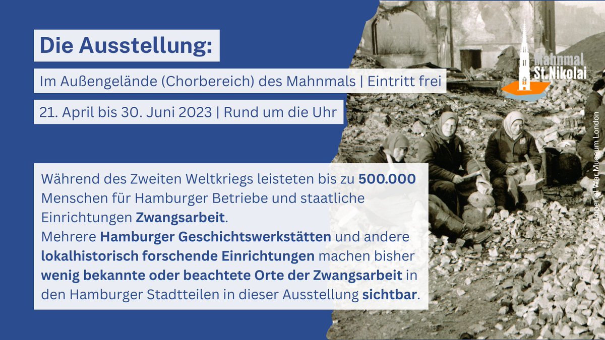 Wenig bekannte Orte der #Zwangsarbeit in Hamburg machen Hamburger Geschichtswerkstätten in ihrer Ausstellung am Mahnmal sichtbar. Am 21. April 2023 wird sie eröffnet: Die Kurator:innen laden herzlich zur Eröffnung ein 👇