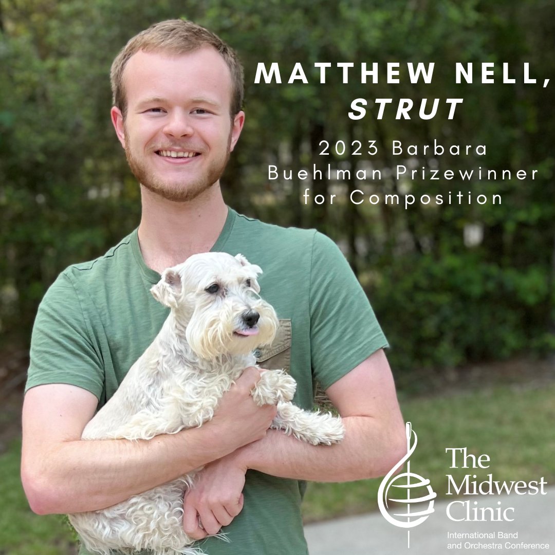 midwestclinic's tweet photo. We’re thrilled to announce the winner of this year’s Barbara Buehlman Prize for Composition, Matthew Nell, for his piece “Strut.” Matthew’s piece will be premiered by the Westwood High School Wind Ensemble, under the direction of Thomas Turpin, at this year’s Midwest Clinic. https://t.co/p7tUZvNXlp