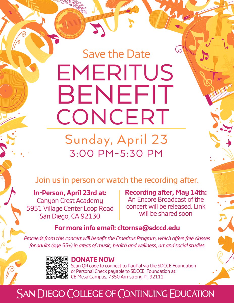 Please join us for an Emeritus Benefit Concert on April 23 from 3 to 5:30 p.m. at Canyon Crest Academy. More than 100 SDCCE Emeritus students will perform. Admission is free, donations are encouraged.