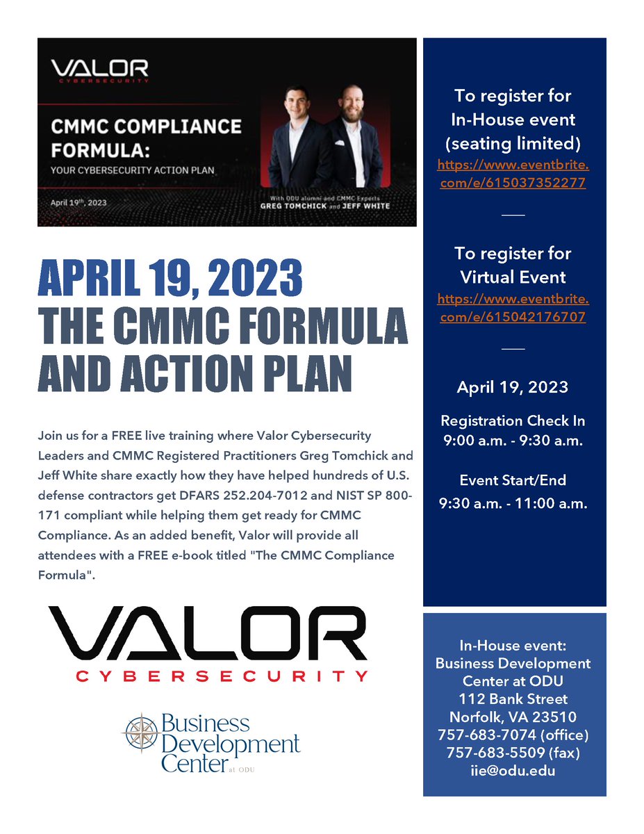 ODU_IIE's tweet image. Don&apos;t miss out! Sign up now for The CMMC Formula and Action Plan event on April 19th!

In-House Event: bit.ly/3KBpXSL

Virtual Event: bit.ly/3KKKLYm

#ODU #IIE #BusinessDevelopmentCenter #Business #Entreprenurship
