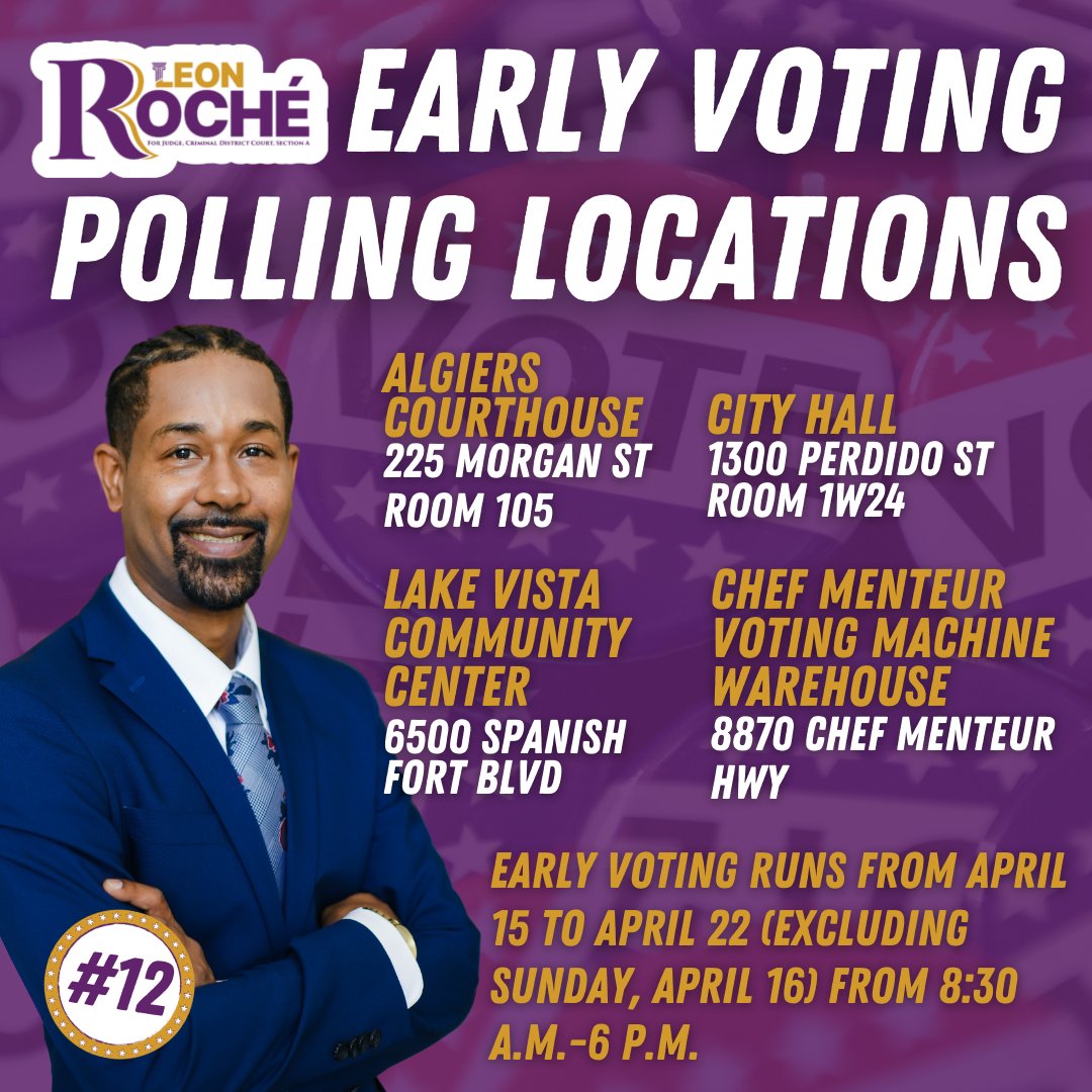 LeonRoche4Judge's tweet photo. Early Voting polls are OPEN!💥 

⏩Swipe for all Orleans Parish early voting locations📍 

#REMEMBER: Early Voting polling locations are different from Election Day locations! Skip the line and GEAUX VOTE EARLY! https://t.co/n3TSm5itAI