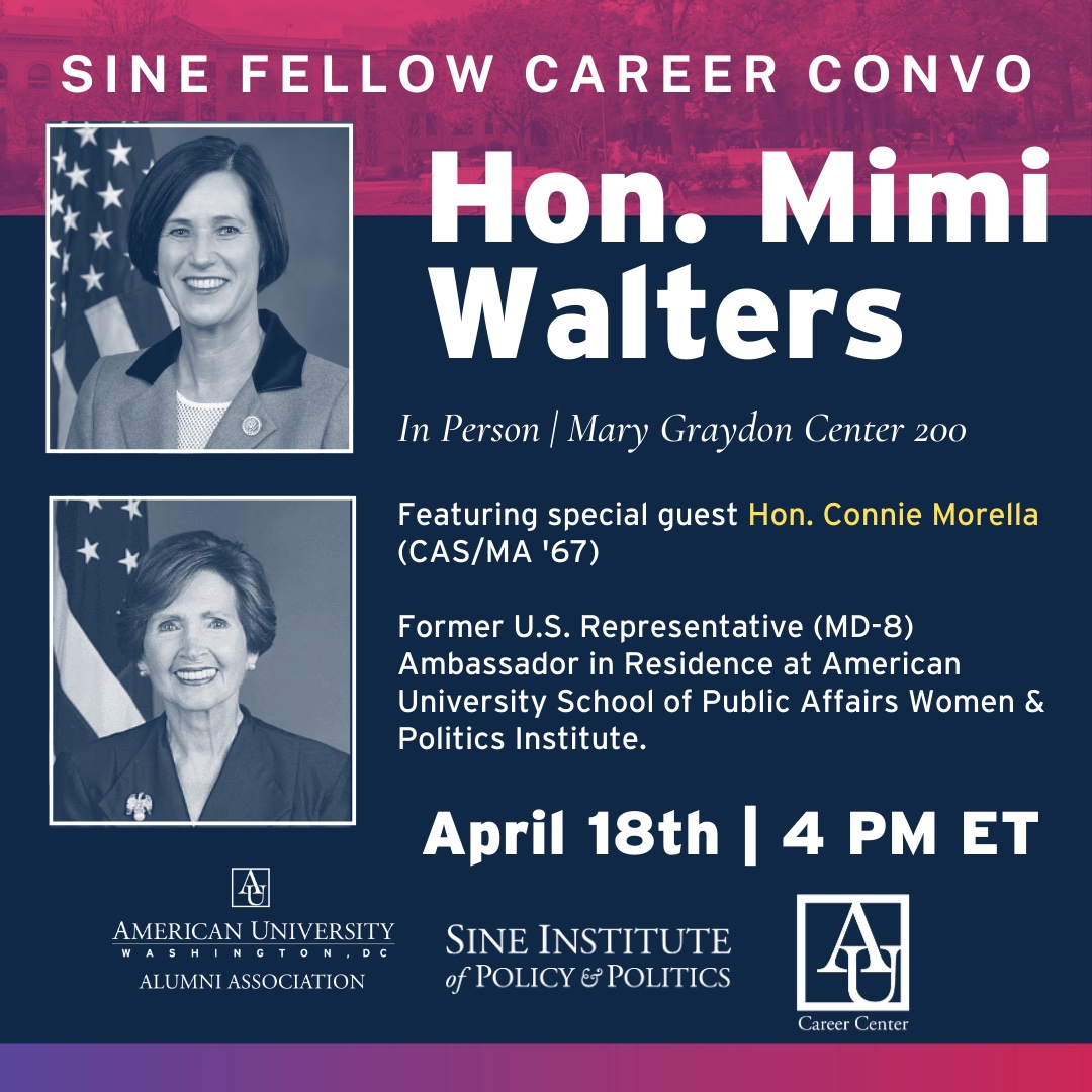 Ready for a unique opportunity to hear from two former U.S. Reps and get valuable advice about a career in public service? Register now for <a href="/MimiWaltersCA/">Mimi Walters</a>'s #CareerConvo moderated by <a href="/AmericanU/">American University</a> alum Rep. Connie Morella!
<a href="/AUCareerCenter/">AU Career Center</a> <a href="/AmericanUAlum/">American U Alumni</a>
american.swoogo.com/MimiWalters
