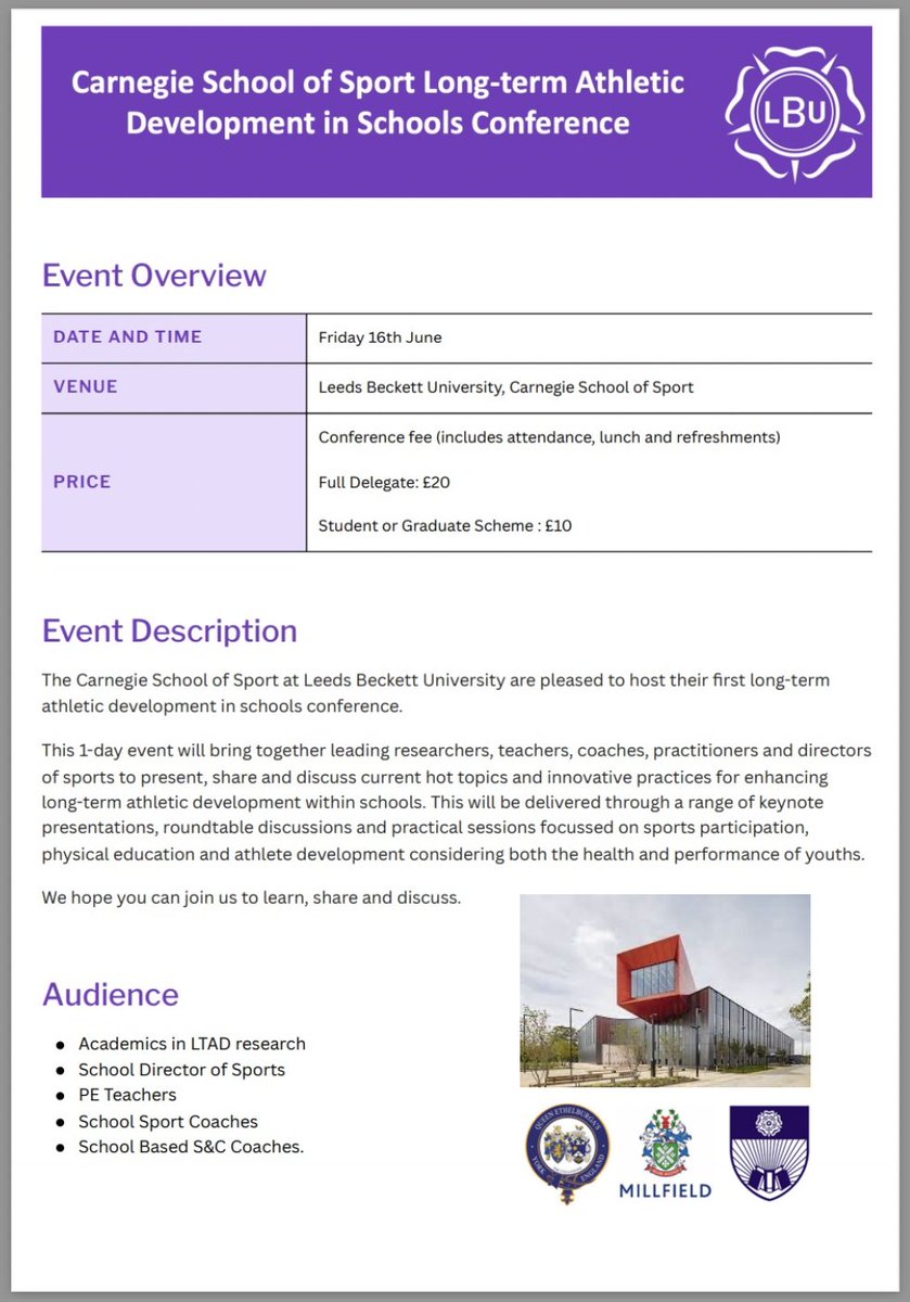 Dr. Ffion Thompson (@ffionthompson) on Twitter photo The <a href="/Carnegie_Sport/">Carnegie School of Sport</a> are pleased to host their first long-term athletic development in schools conference.
We hope you can join us to learn, share and discuss innovative practices for enhancing long-term athletic development within schools.
Sign up here: eventbrite.co.uk/e/long-term-at… The <a href="/Carnegie_Sport/">Carnegie School of Sport</a> are pleased to host their first long-term athletic development in schools conference.
We hope you can join us to learn, share and discuss innovative practices for enhancing long-term athletic development within schools.
Sign up here: eventbrite.co.uk/e/long-term-at…