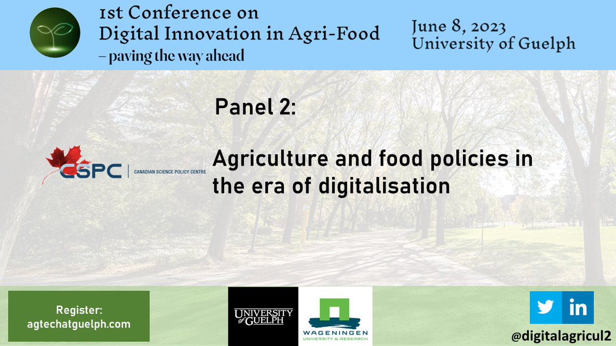 We're excited to announce Panel 2: Agriculture and food policies in the era of digitalisation. Join us on June 8, 2023 at @uofg  for this insightful discussion. Register now at: agtechatguelph.com/registration and secure your spot!
@RozitaDara @sjaakwolfert 
@uofg @WUR 
#foodpolicy