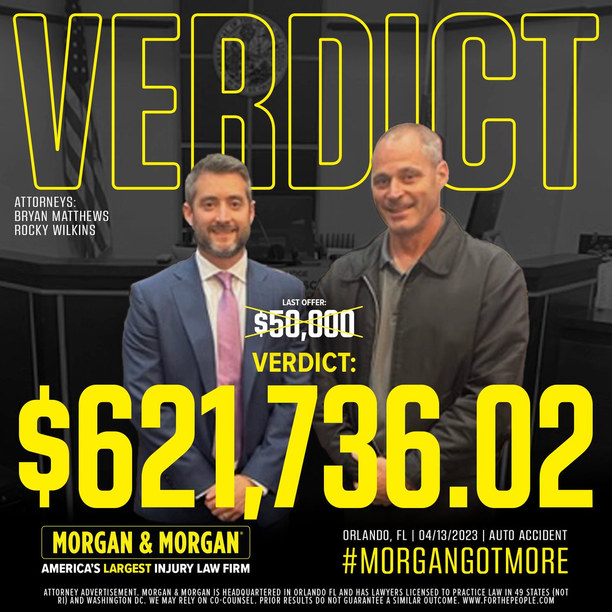 forthepeople's tweet photo. ๐จ #VerdictAlert: Finishing the week out strong with another #MorganWin!
Bryan Matthews and Rocky Wilkins just received a $621,736.02 verdict for our client in Orange County.
The pretrial offer was $50,000. Thatโs #MorganMath.
#ForThePeople #MorganGotMore #LAW https://t.co/VCrZ4iktCC
