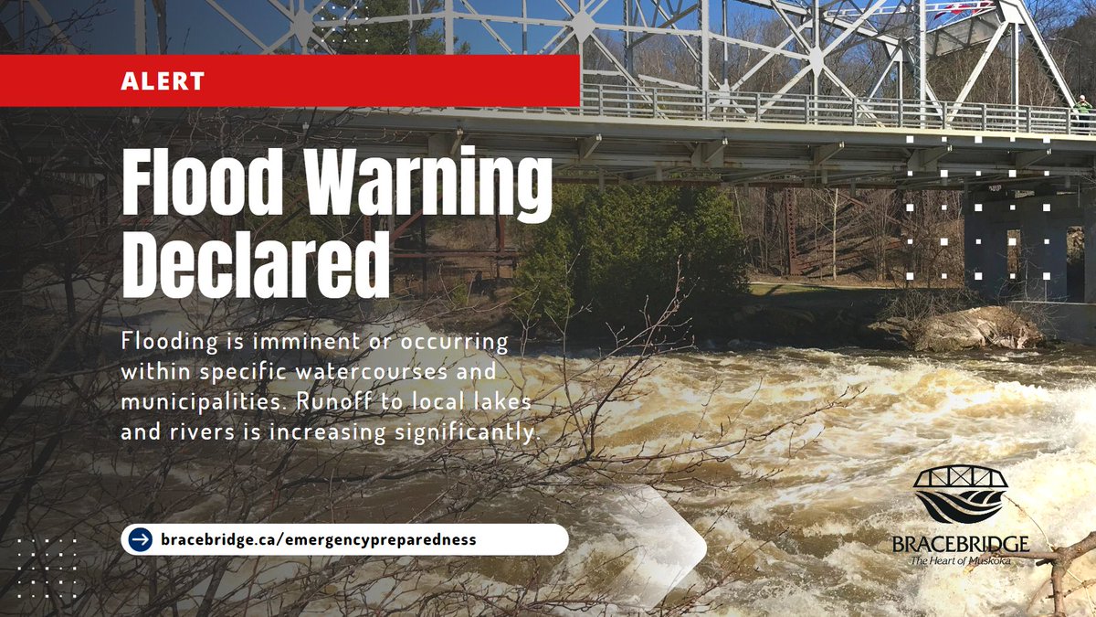 townbracebridge: A flood warning and flood outlook has been declared for #Bracebridge. 

This includes: 
➡️ North branch Muskoka River from Huntsville to Bracebridge; and the
➡️ South branch of the Muskoka River from Baysville to Bracebridge.

Read more:…