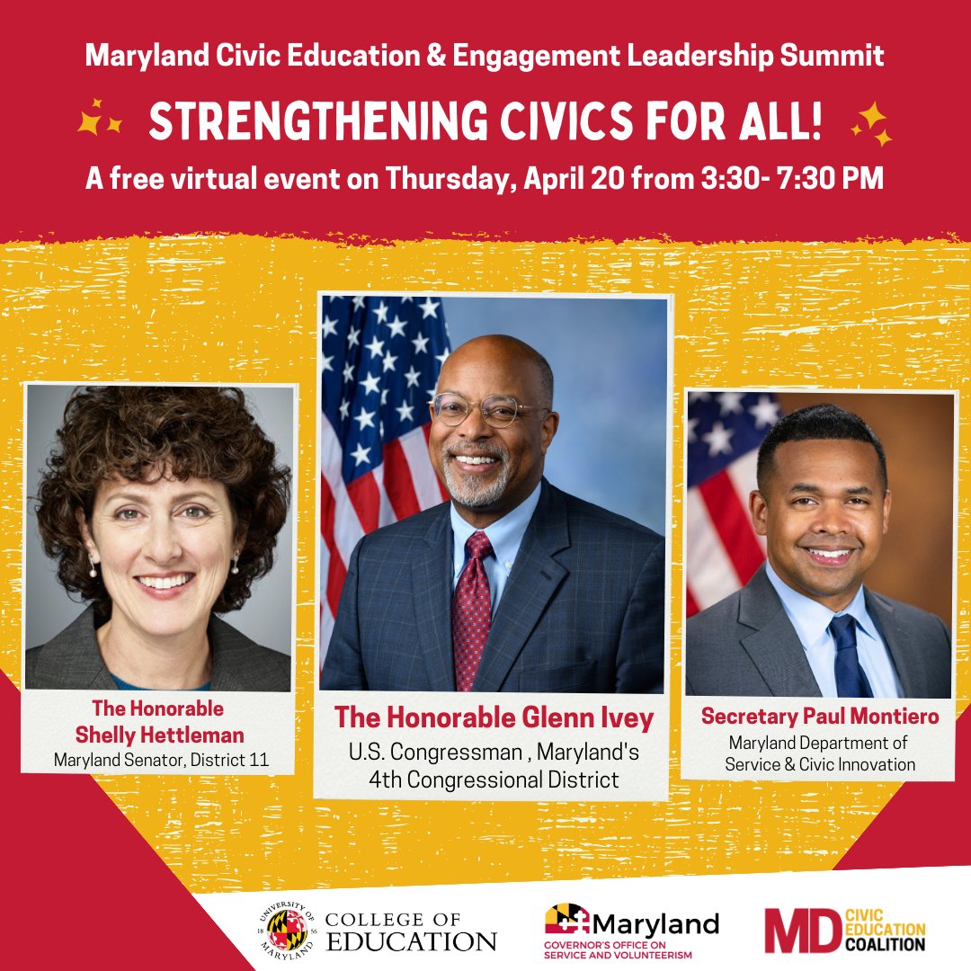 Join us online April 20 for the #Maryland Civic Education & Engagement Leadership Summit, featuring @glenniveymd @shellyhettleman & Sec. Paul Montiero of the Dept. of Service & Civic Innovation! Register at bit.ly/StrengtheningC…