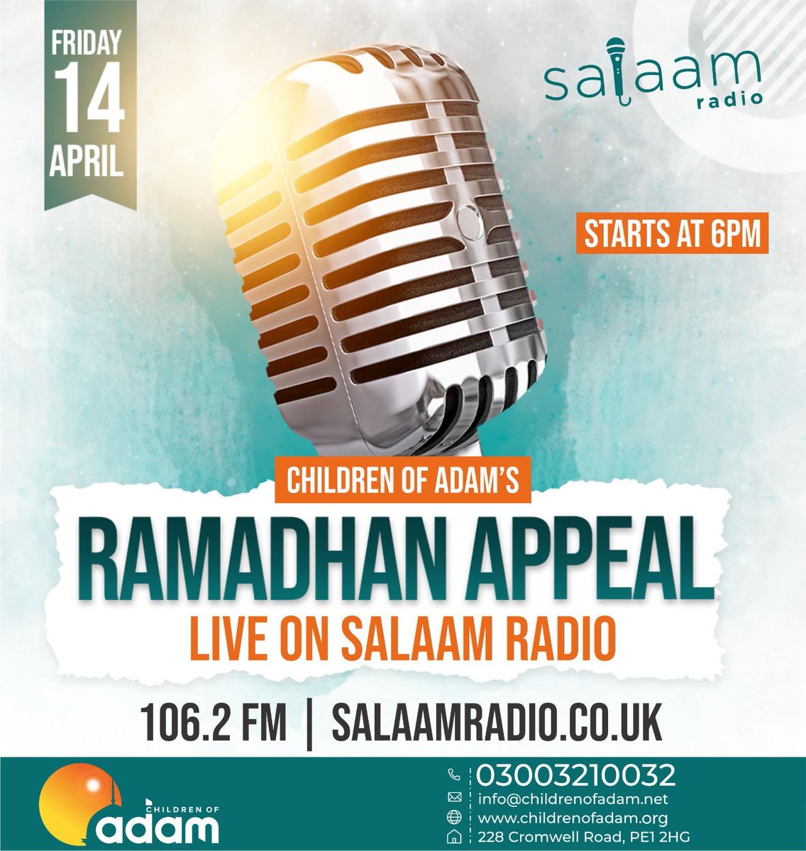 AdamsChildren's tweet photo. *Live now*

*Children of Adam, Ramadhan appeal*

Interact by phone: 01733 602133 or text 07411 19 1062
Or comment on this live stream!

Listen live 
https://t.co/u7yj2smhp5

Donate now 
https://t.co/UyorznGb0t https://t.co/k7ECeO4Vbs