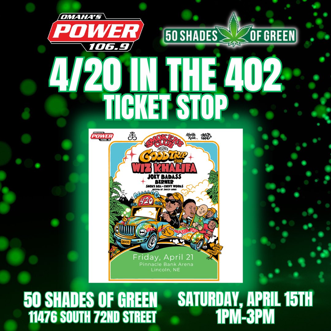 power1069's tweet photo. Join Alyssa &amp; @djklc402 TOMORROW (4/15) from 1p-3p at 50 Shades Of Green off 72nd &amp; HWY 370! 💚 Your ✨FINAL✨ chance to win @wizkhalifa FLOOR SEAT tix &amp; tons of dope prizes 🔥 Details at https://t.co/xJxZaz2uPk 🙌 https://t.co/1SCWicPAbf
