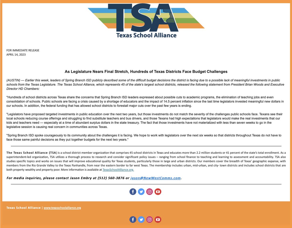 Spring Branch ISD (@sbisd) on Twitter photo The <a href="/Alliance_Texas/">Texas School Alliance</a>, representing 45 of the largest Texas districts and 41% of students, has issued a statement affirming SBISD is not alone in the fight to fully fund public schools to avoid painful budgeting decisions over the next two years. Read more: bit.ly/TexasSchoolAll… The <a href="/Alliance_Texas/">Texas School Alliance</a>, representing 45 of the largest Texas districts and 41% of students, has issued a statement affirming SBISD is not alone in the fight to fully fund public schools to avoid painful budgeting decisions over the next two years. Read more: bit.ly/TexasSchoolAll…