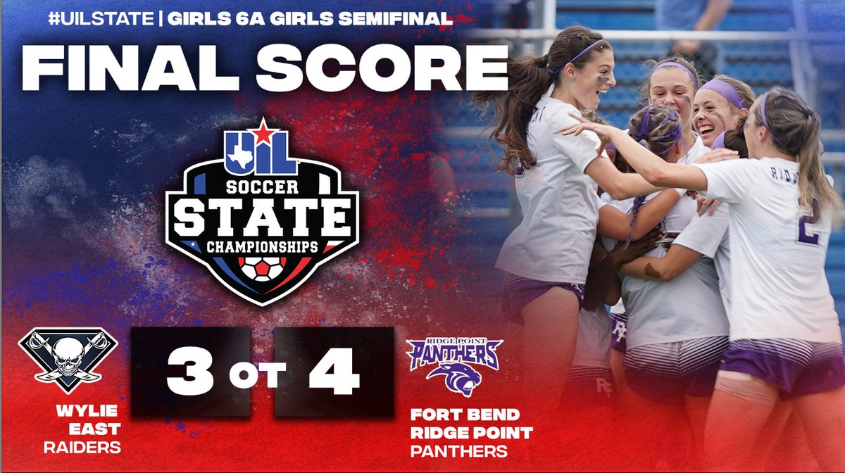 #UILState Girls Soccer 6A Semifinal FINAL SCORE: 
⏰OVERTIME
Wylie East <a href="/WELadyRaiderSoc/">@WELadyRaiderSoccer</a> 3️⃣
Fort Bend Ridge Point <a href="/RPHSGirlsSoccer/">RPHS_Girls Soccer</a> 4️⃣

Box Score ➡️ bit.ly/3L0rTpp

The Panthers advance to the Girls 6A Championship game on Saturday April 15 at 4:00 p.m.